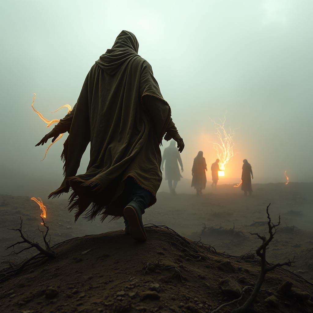 Figure Rises from Barren Landscape, Guided by Ethereal Light
