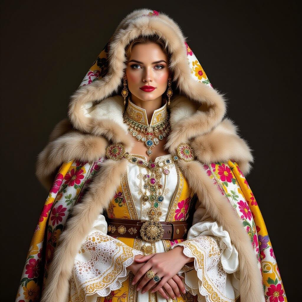 Romanian Queen in Silk and Fur, Medieval Art Style