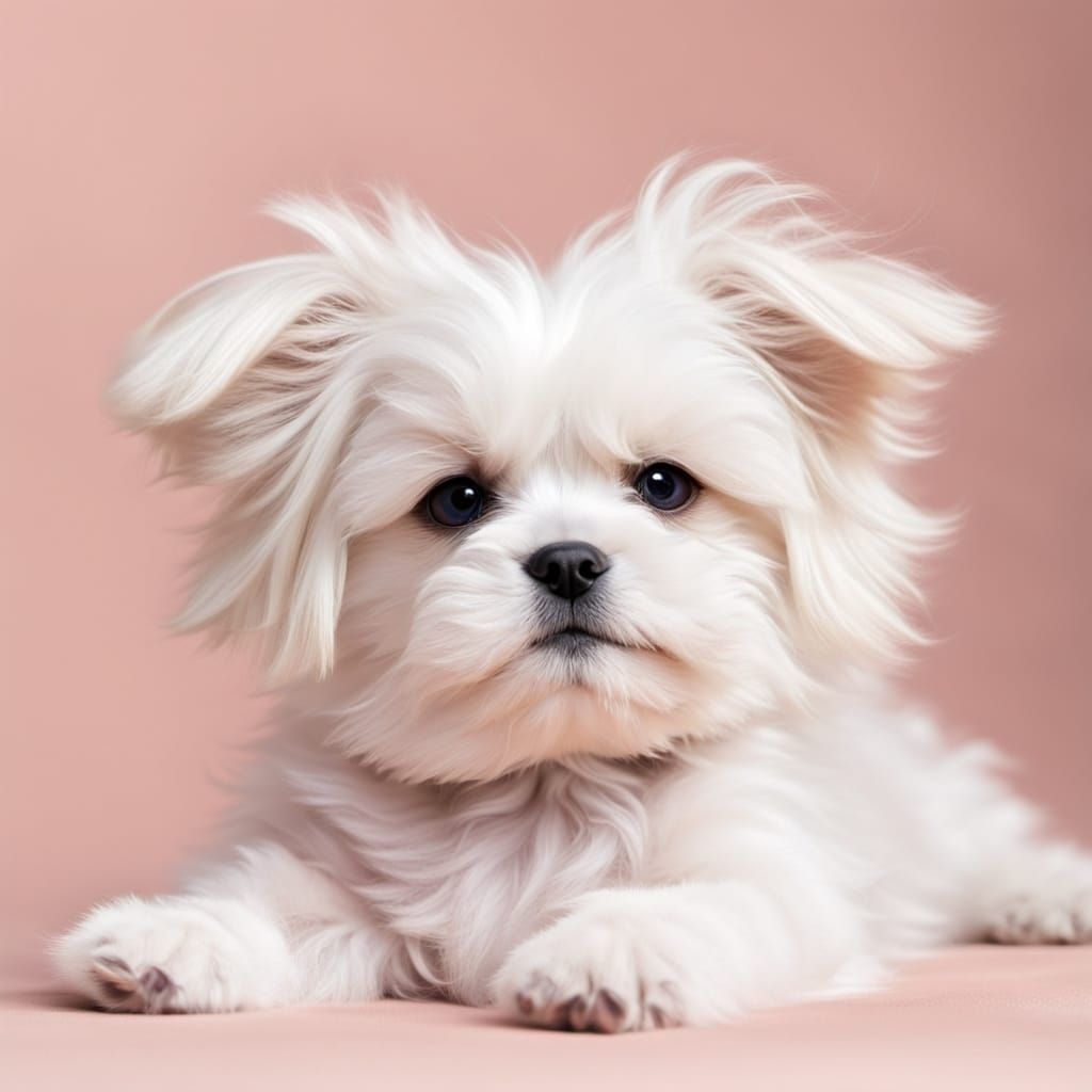 An adorable fluffy Maltese puppy lying on her back with her silky fur all spread out, her paws in the air.