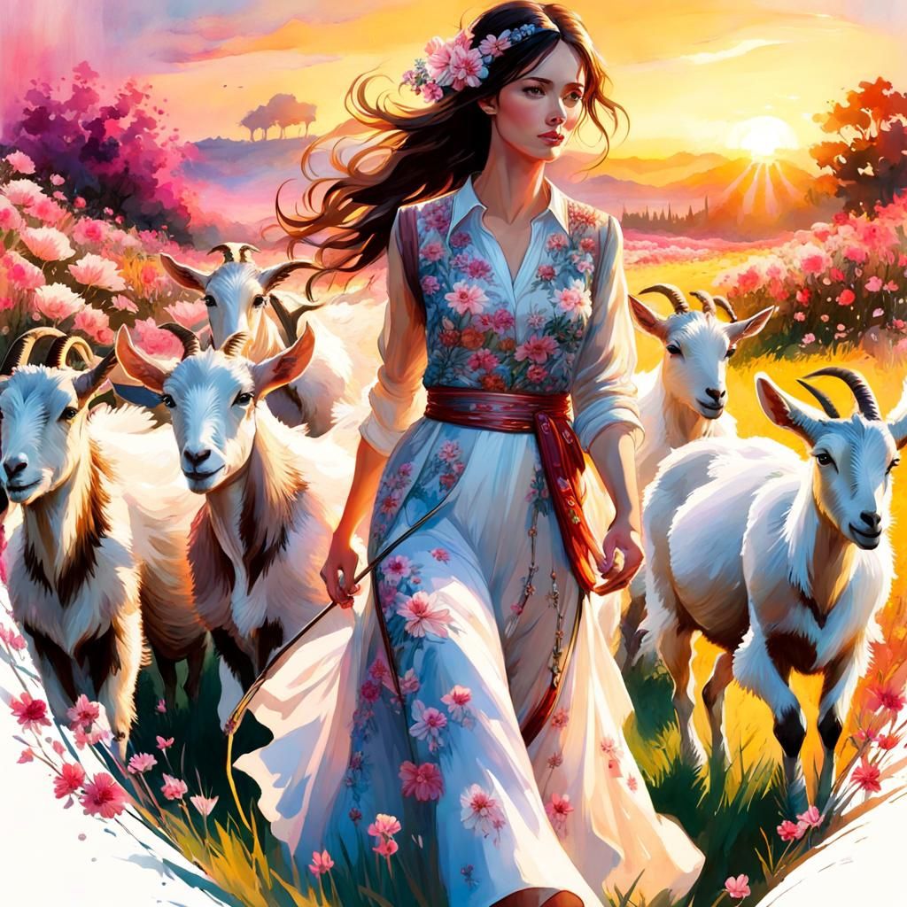 Double exposure watercolor illustration of a beautiful woman herding a group of goats in a flowery field