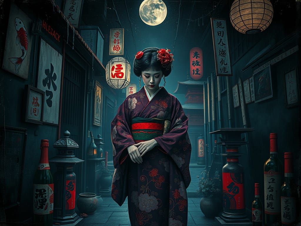 Noir Kimono Woman in Japanese Alley with Mystic Symbols