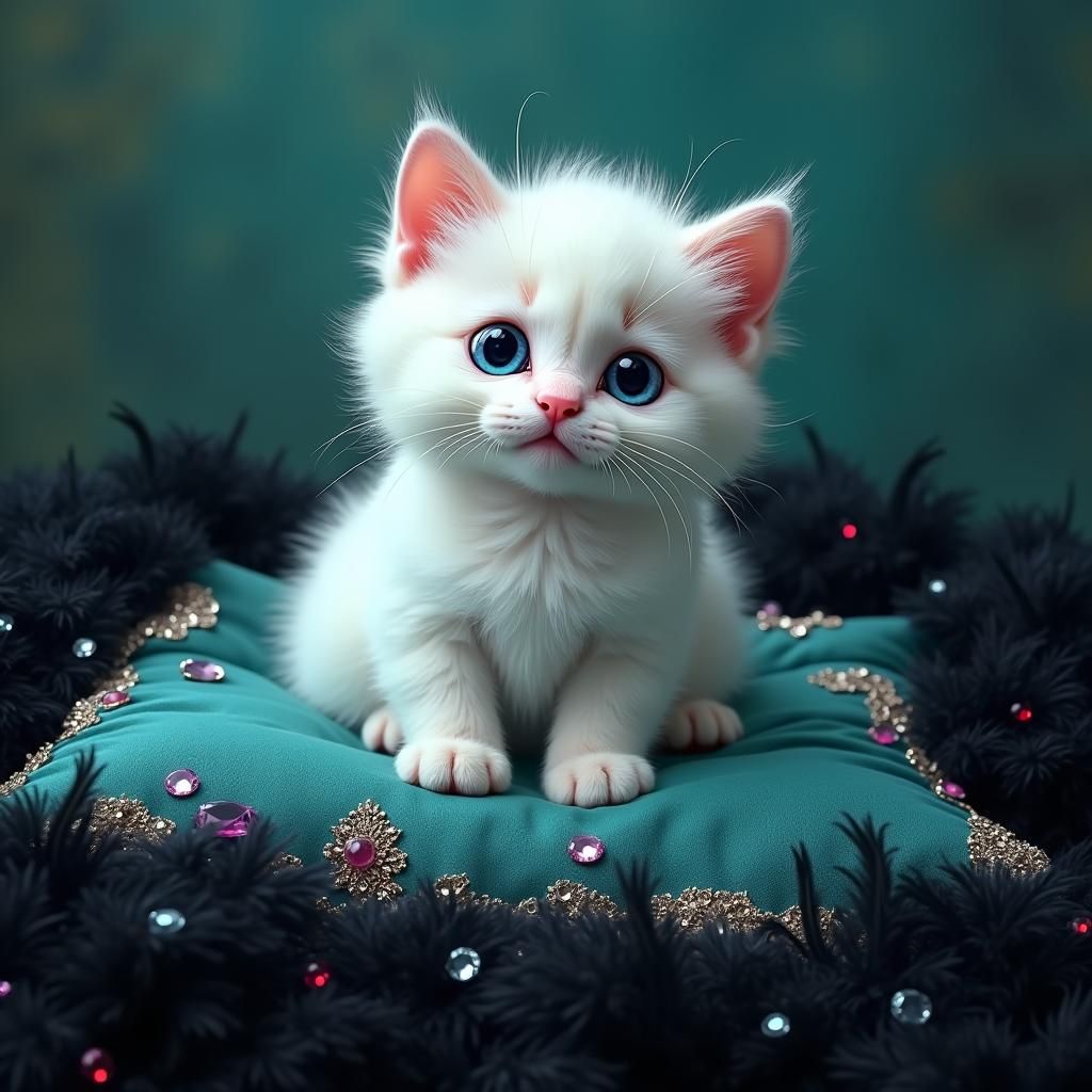 White Kitten on Jeweled Pillow in Matte Painting Style