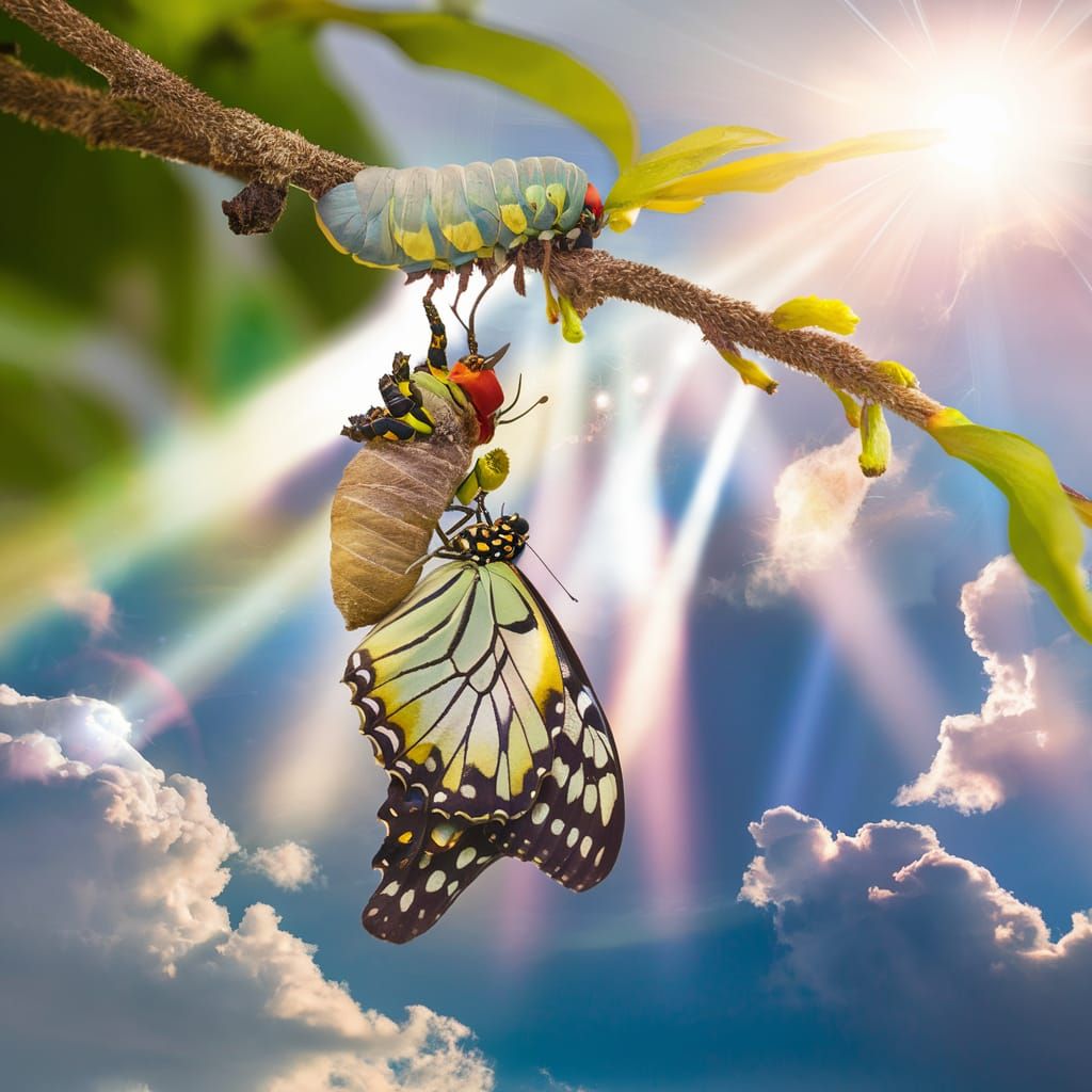 Caterpillar to Butterfly Transformation in Ethereal Light