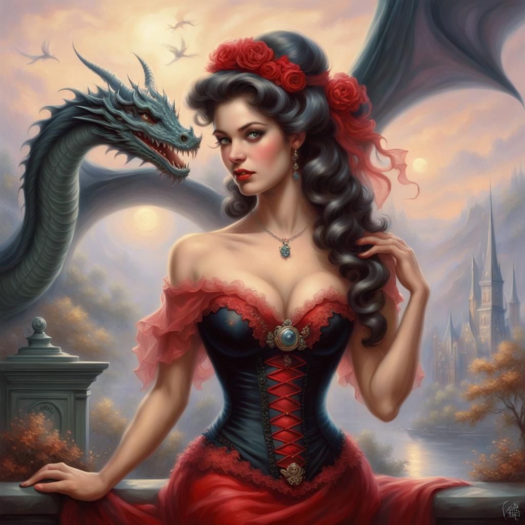 Victorian Pin-Up Woman with Dragon Tattoo