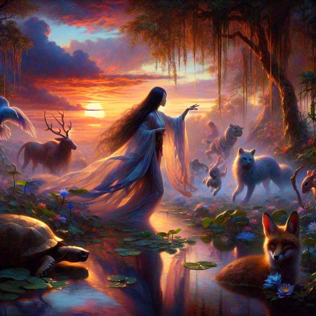 Mystical Asian Character at Sunset in Impressionist Style