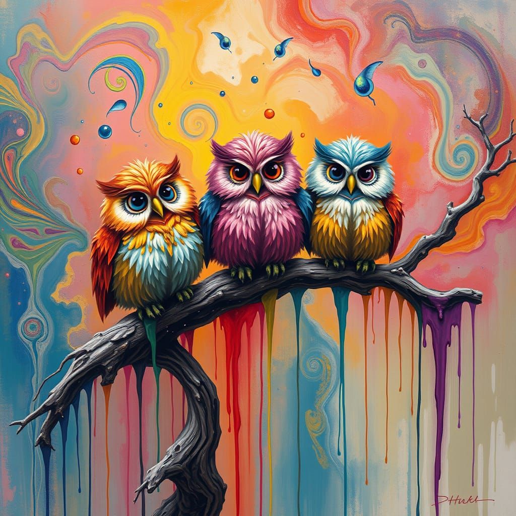 Dreamlike Owls in Vibrant, Twisted Reality