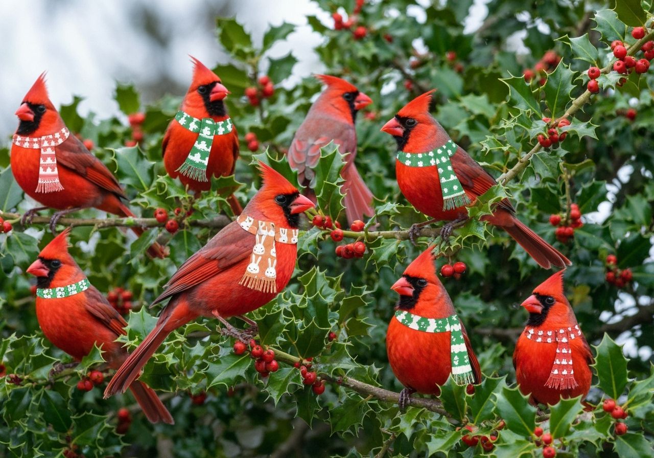 Red Cardinals in Holly Tree with Holiday Scarves
