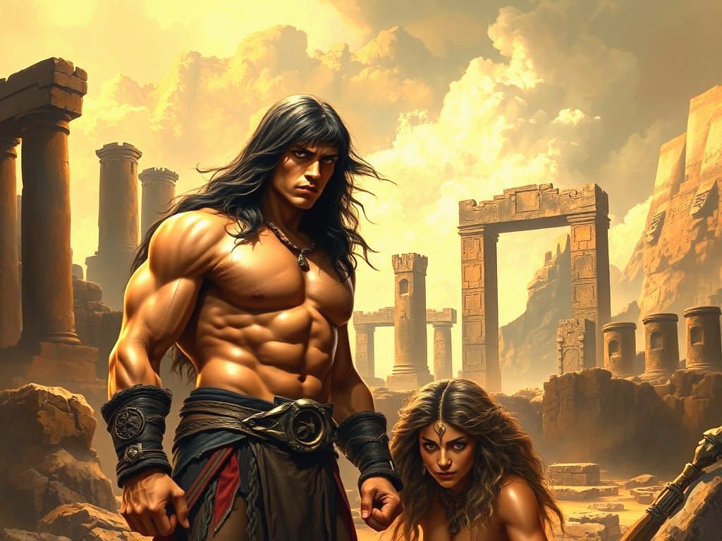 Conan and Walkiria in Epic Fantasy Landscape