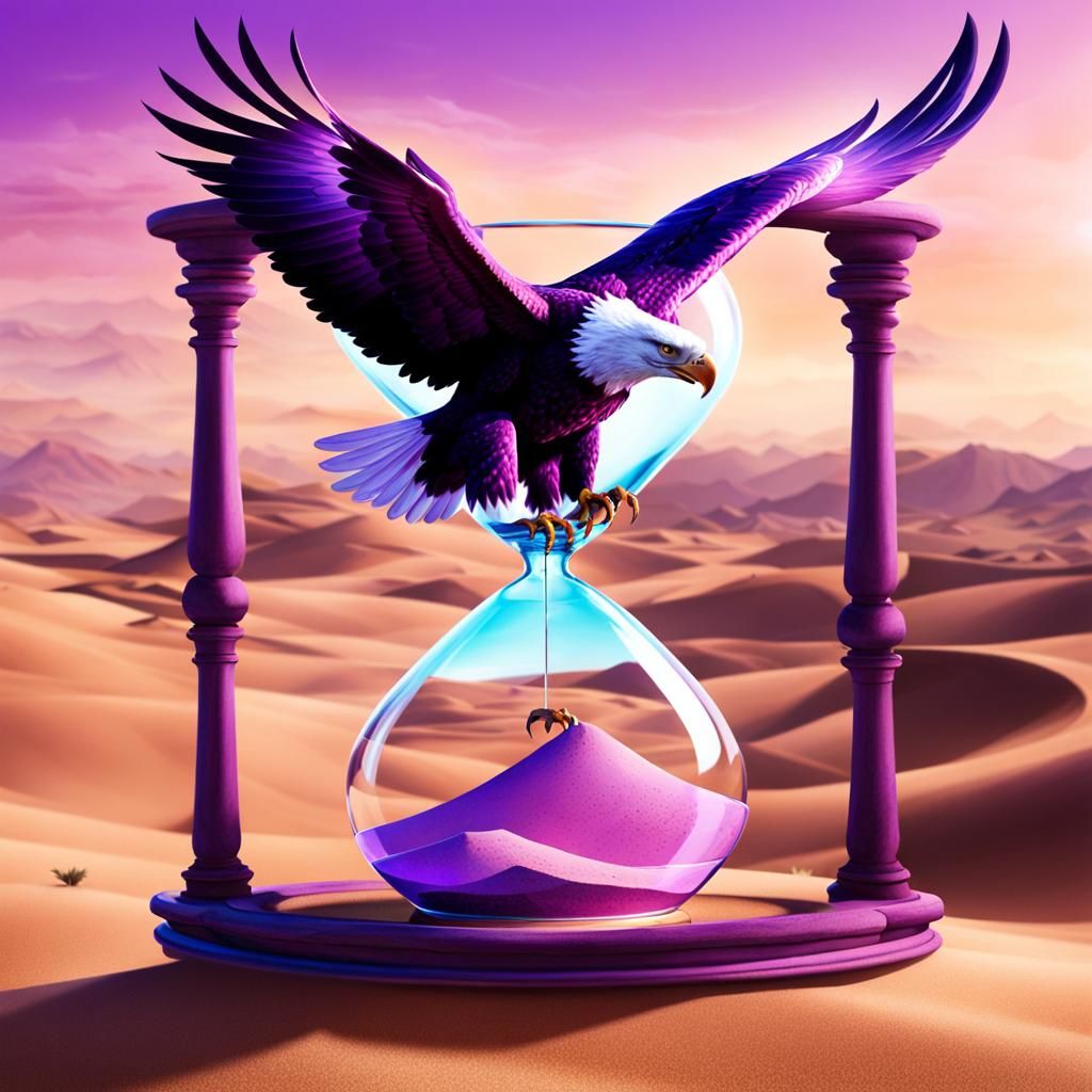 (purple eagle 1.3) pink eagle flying over a sandy valley inside an (hourglass 3.3) 2041541384