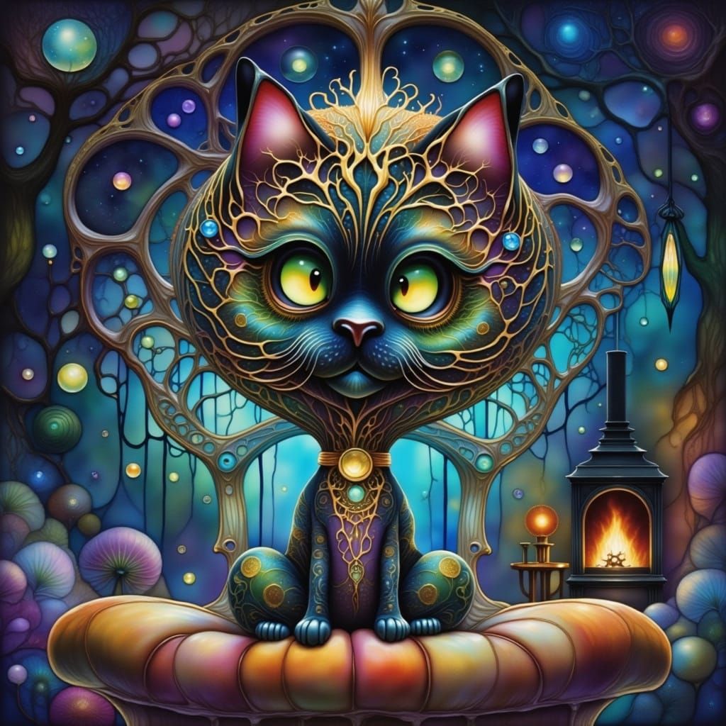 Siamese Cat on Velvet Armchair by Firelight