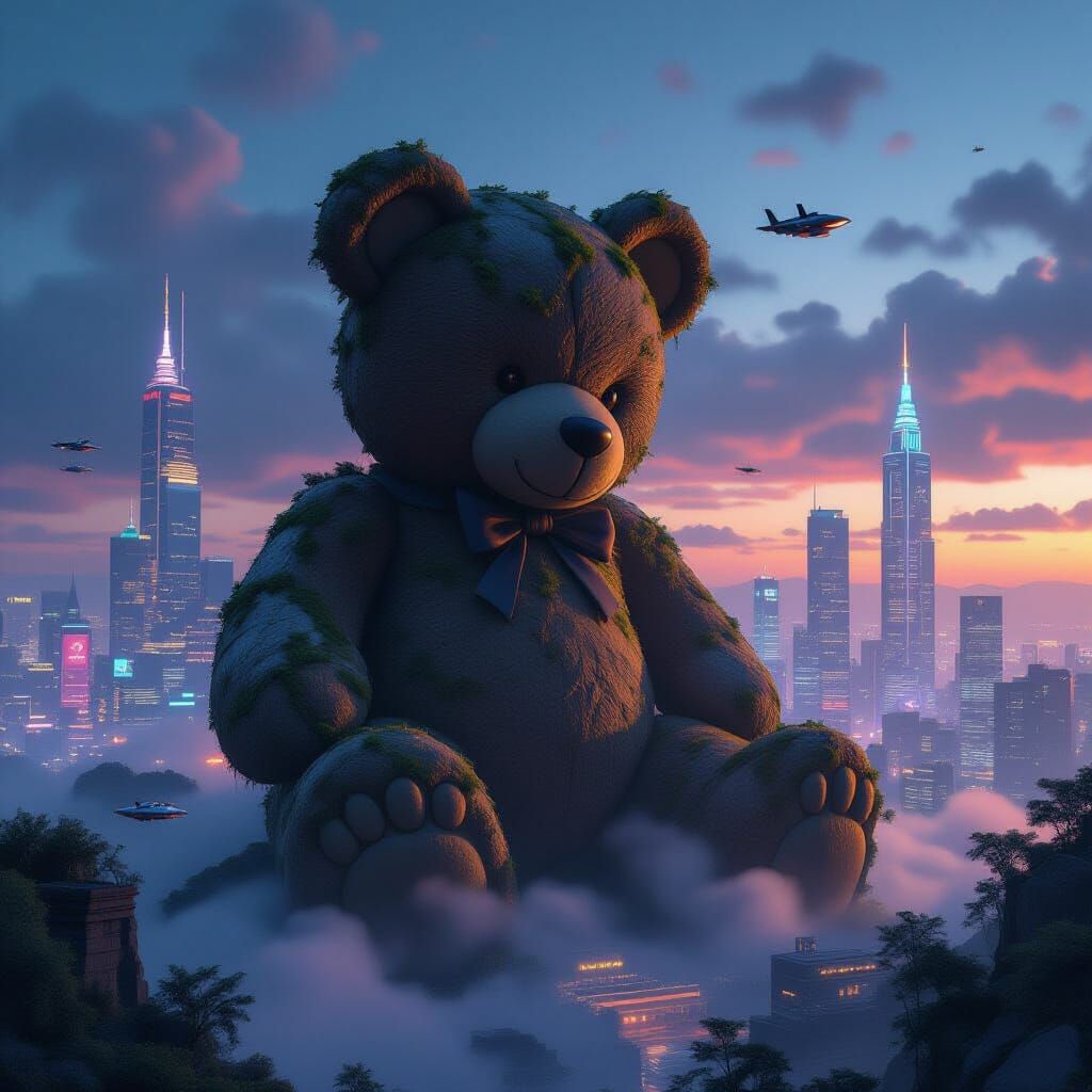 Giant Ancient Teddy Bear Overlooks Futuristic Cityscape at D...