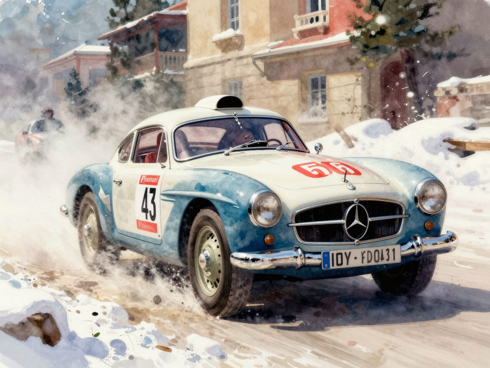 Vintage Mercedes Rally Car in Snowy Monte Carlo Streets