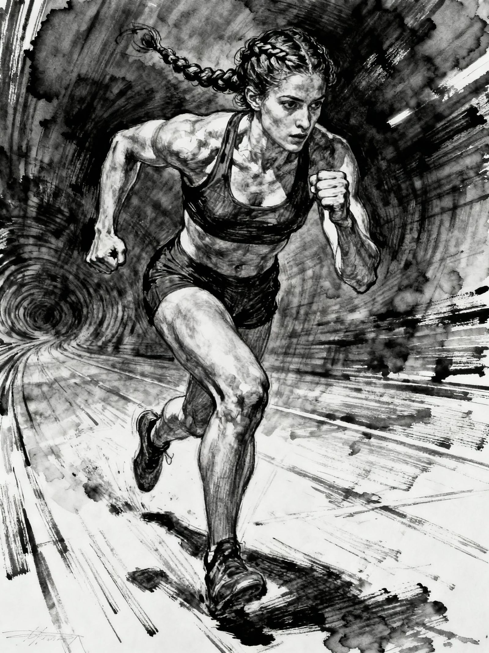 Powerful Athlete in Moody Tenebristic Ink Drawing