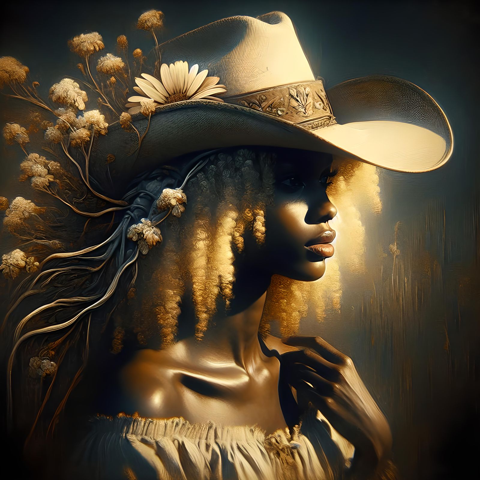 Beautiful Cowgirl Portrait with Wildflower Hat