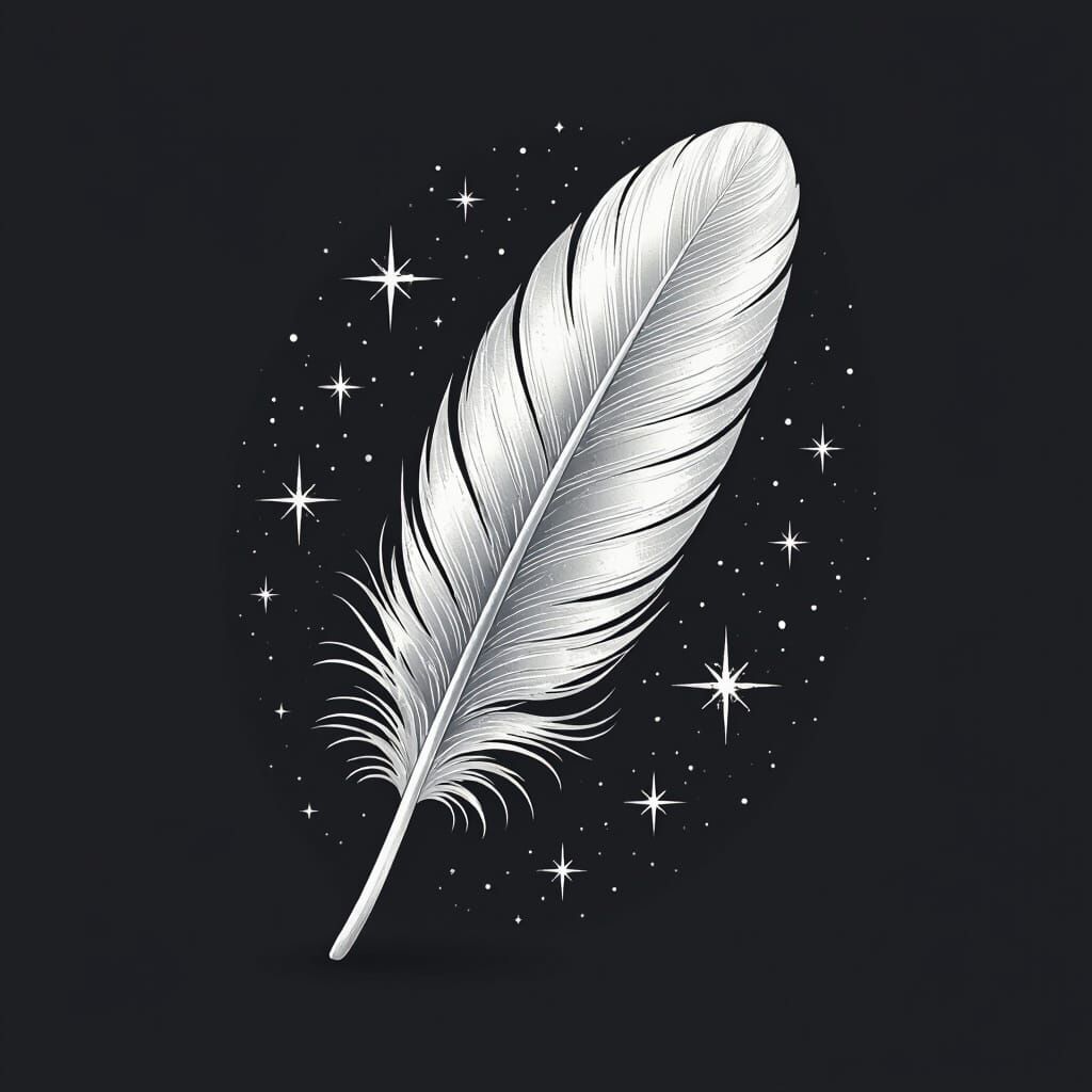 Silver Feather on Black: Minimalist Elegant Illustration