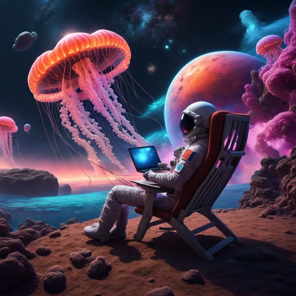 Astronaut Fishing on Alien Planet Under Jellyfish Sky