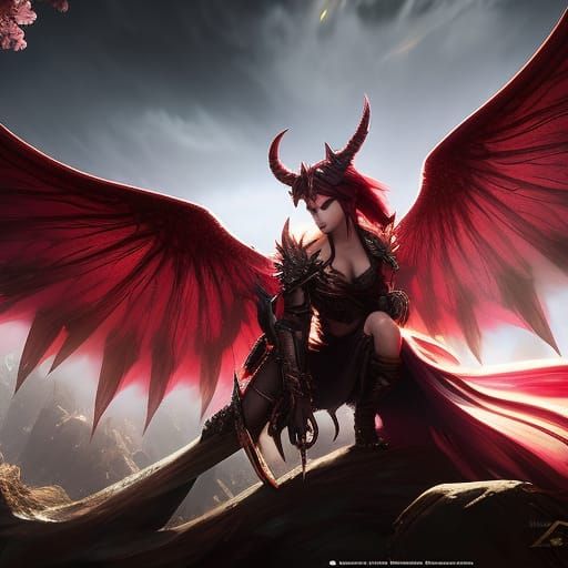 beautiful demon girl wings,cherry blossoms