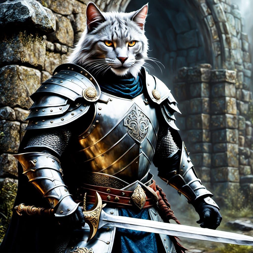 Feline Knight in Plate Mail Armor Wields Greatsword