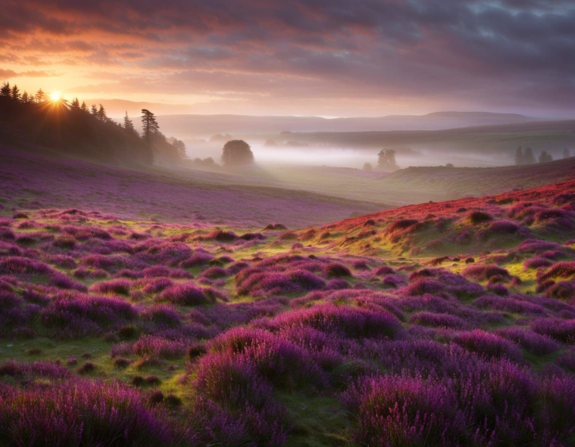 Misty Scottish Heather Field at Golden Sunrise