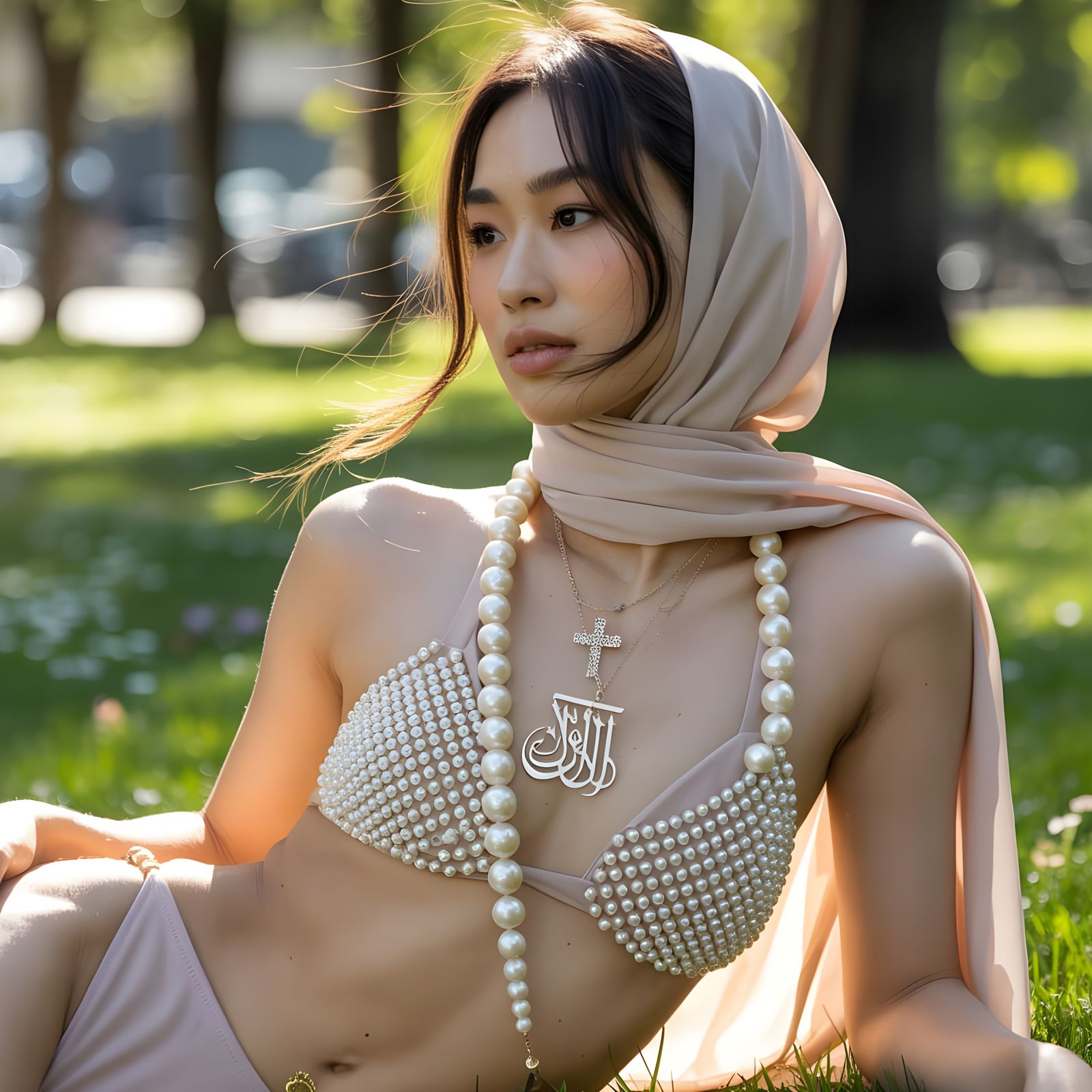 Asian Woman in Hijab and Pearl Bikini in Park