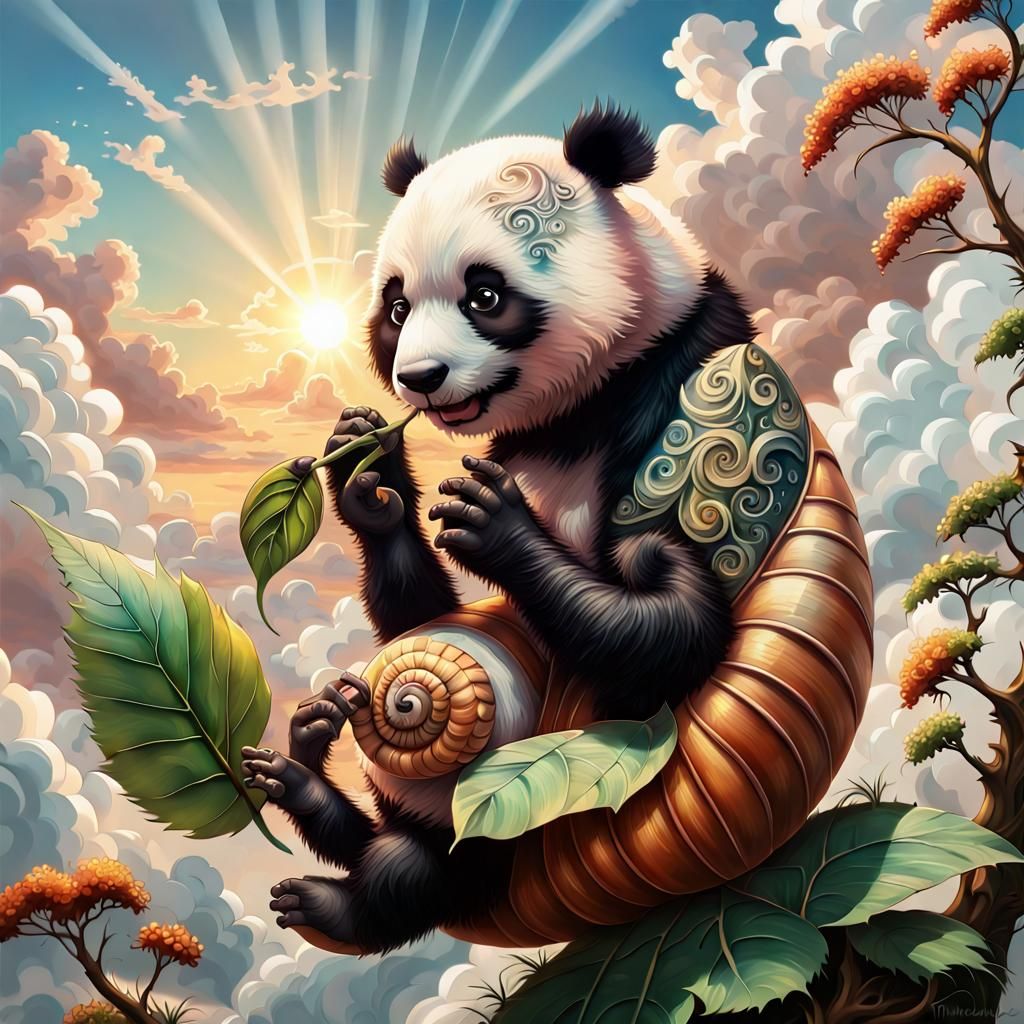Panda-Snail Hybrid with Henna Art in Dreamy Landscape