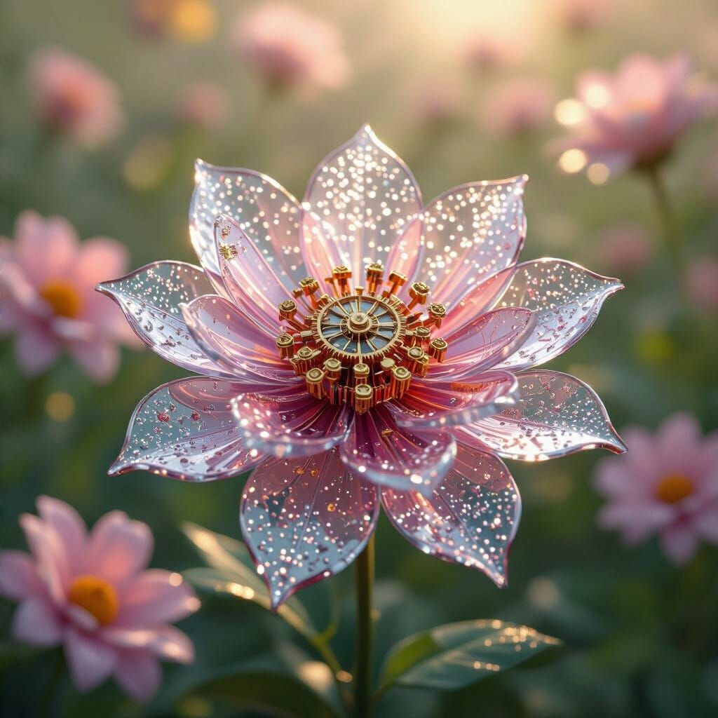 Metallic Flower with Glass Petals and Brass Gears