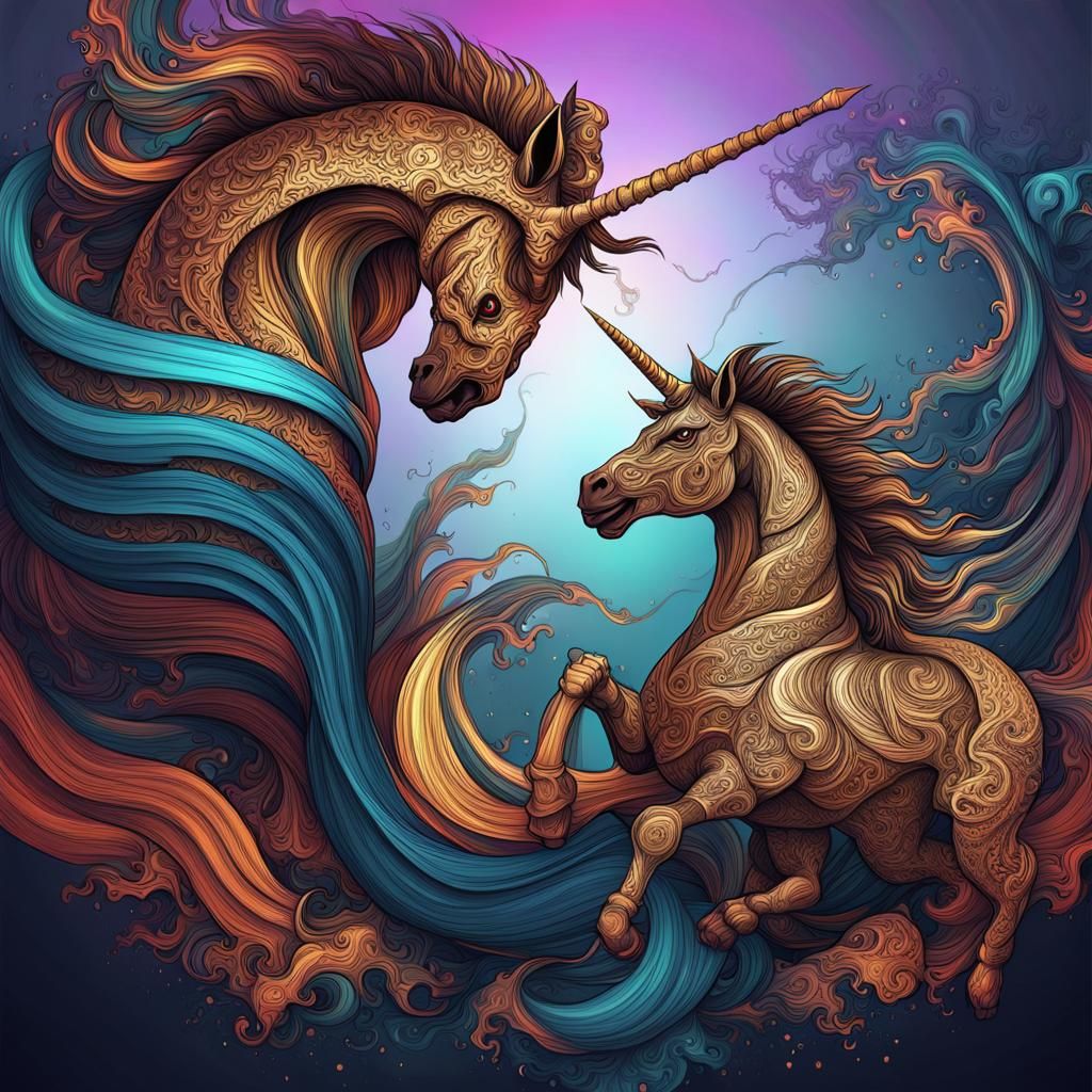 Ugly Karateka Fighting Unicorn in Abstract Style