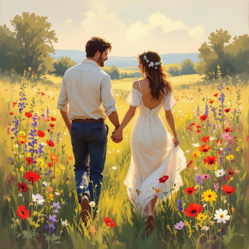 Romantic Couple Walking in Wildflower Meadow