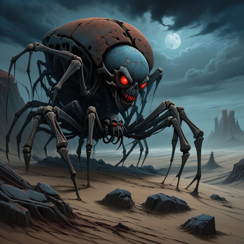 Gothic Surrealist Spider in Dark, Muted Landscape