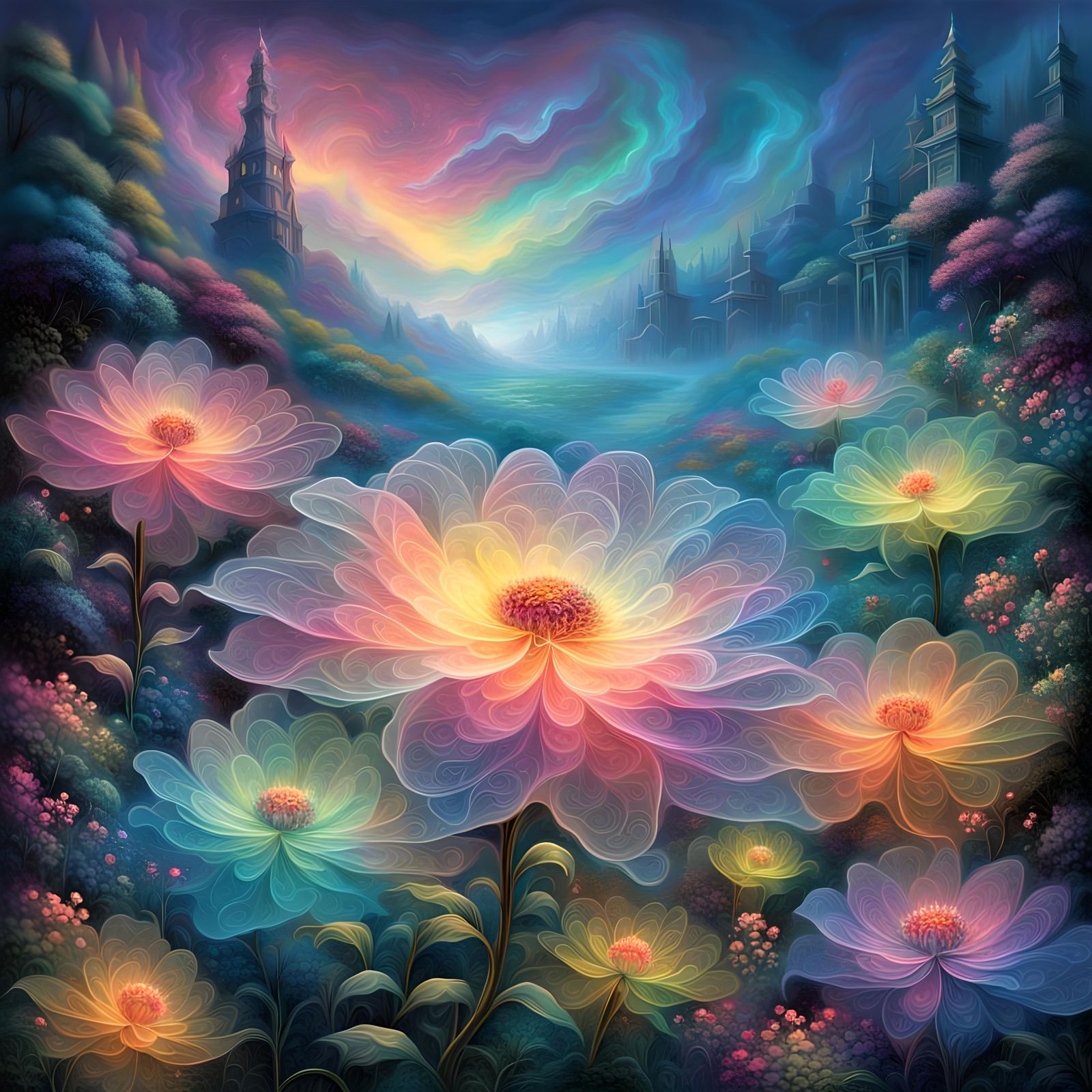 Fluorescent Glowing Flower in Abstract Neon Design