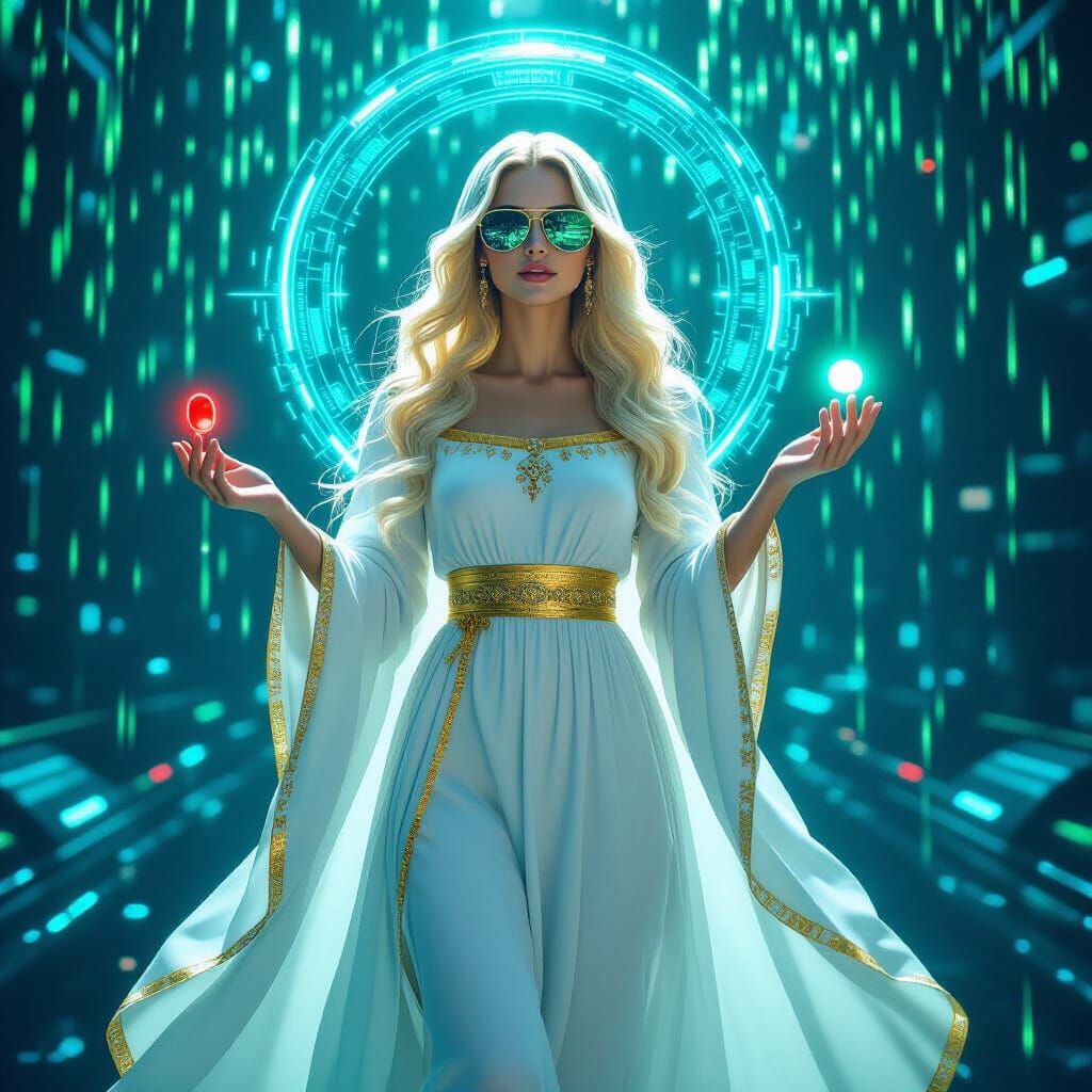 Futuristic Mother Mary in Cyberpunk Digital World