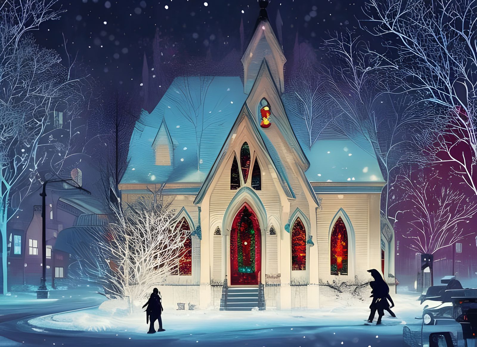 Snowy Christmas Church in Cel-Shaded Panorama