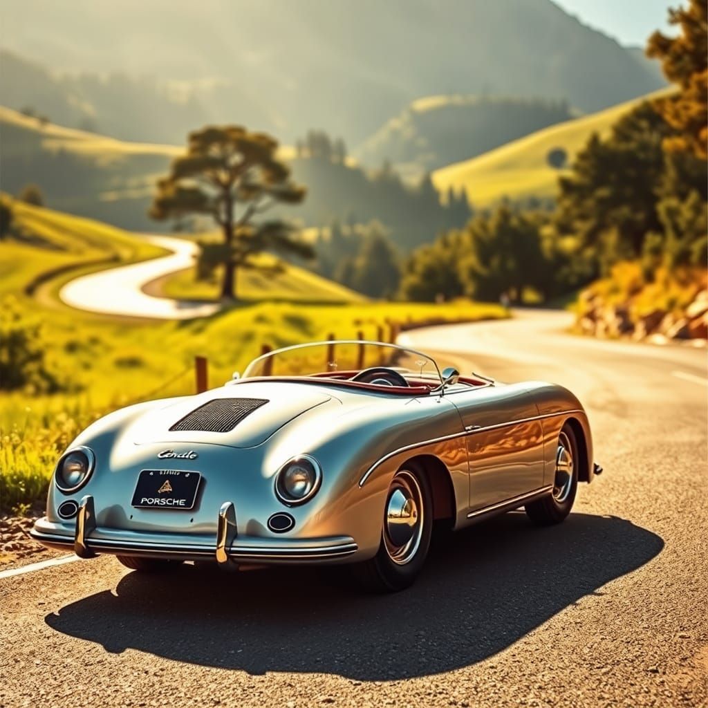 Porsche 550 Spyder on Winding Road in Retro-Futuristic Style