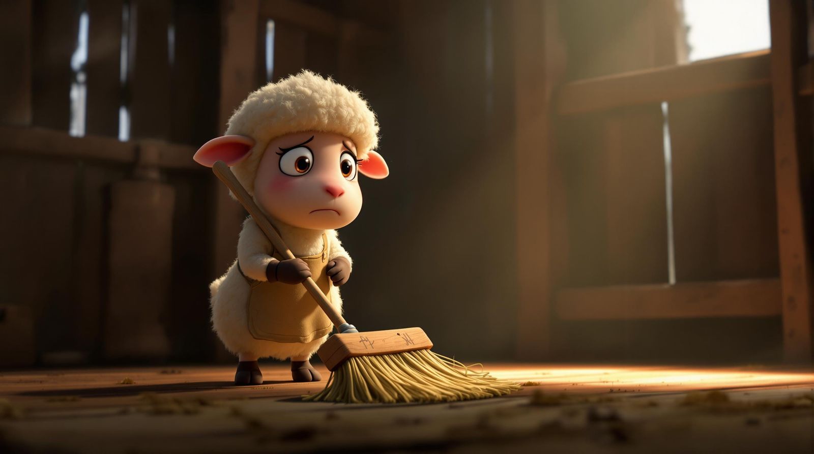 Adorable CGI Sheep Sweeps a Moonlit Barn