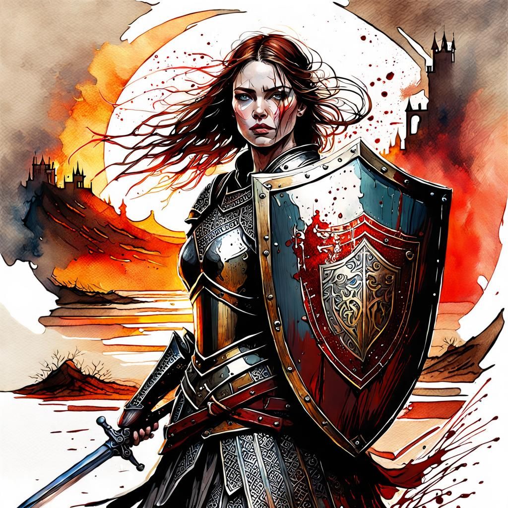 Medieval Shield Maiden in Digital Watercolor Illustration