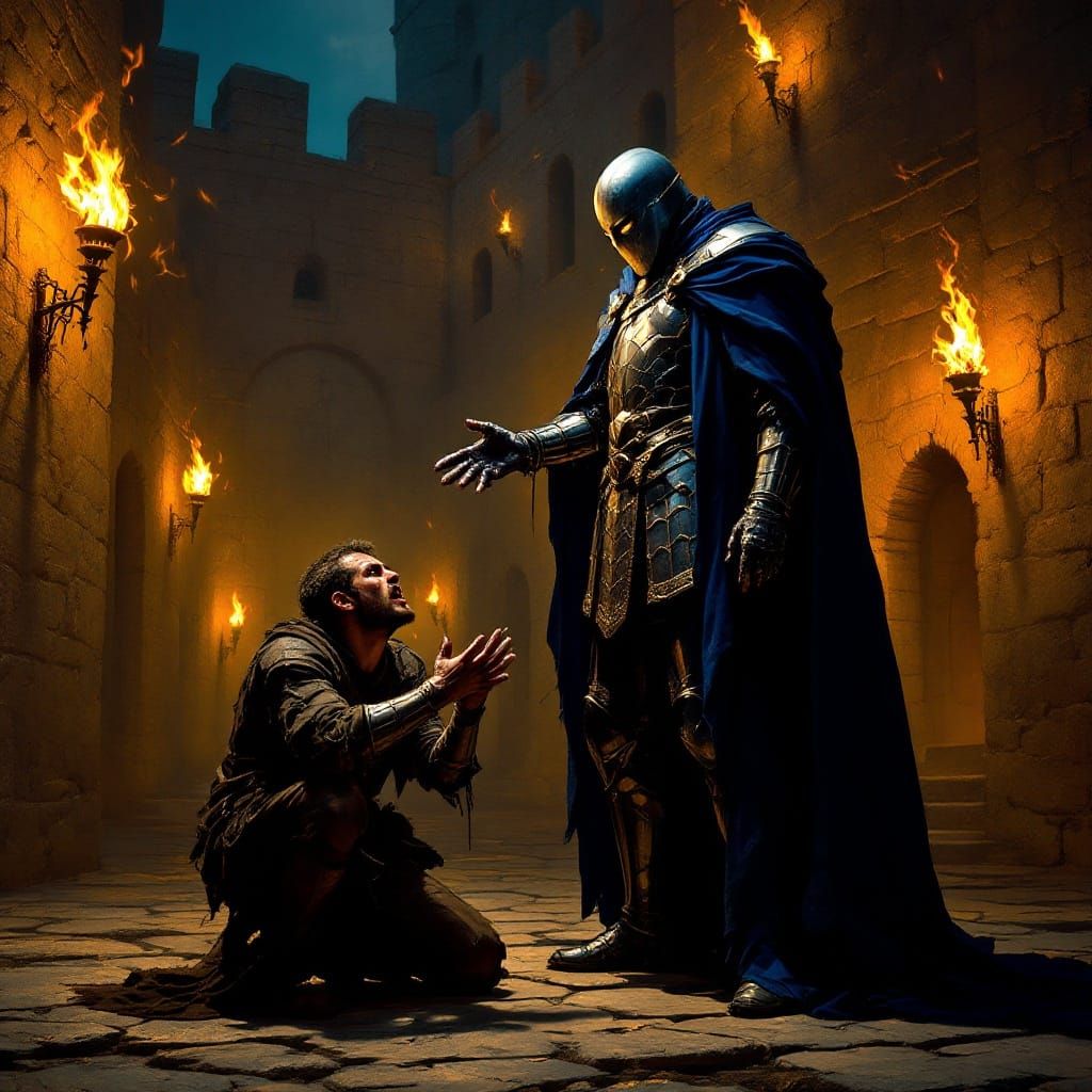 Medieval King Delivers Justice in Fiery Torchlight