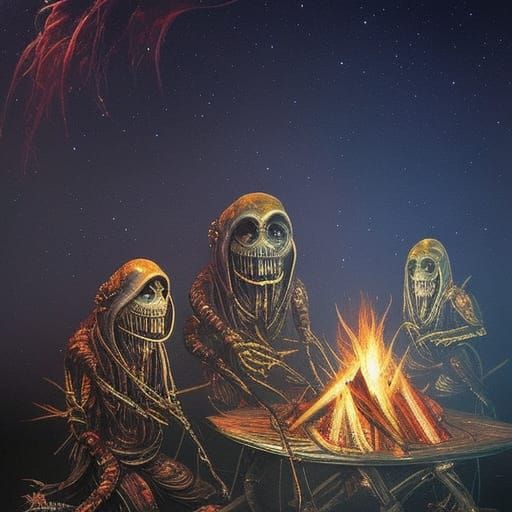 Aliens Warming by Campfire: Dark Fantasy Digital Art
