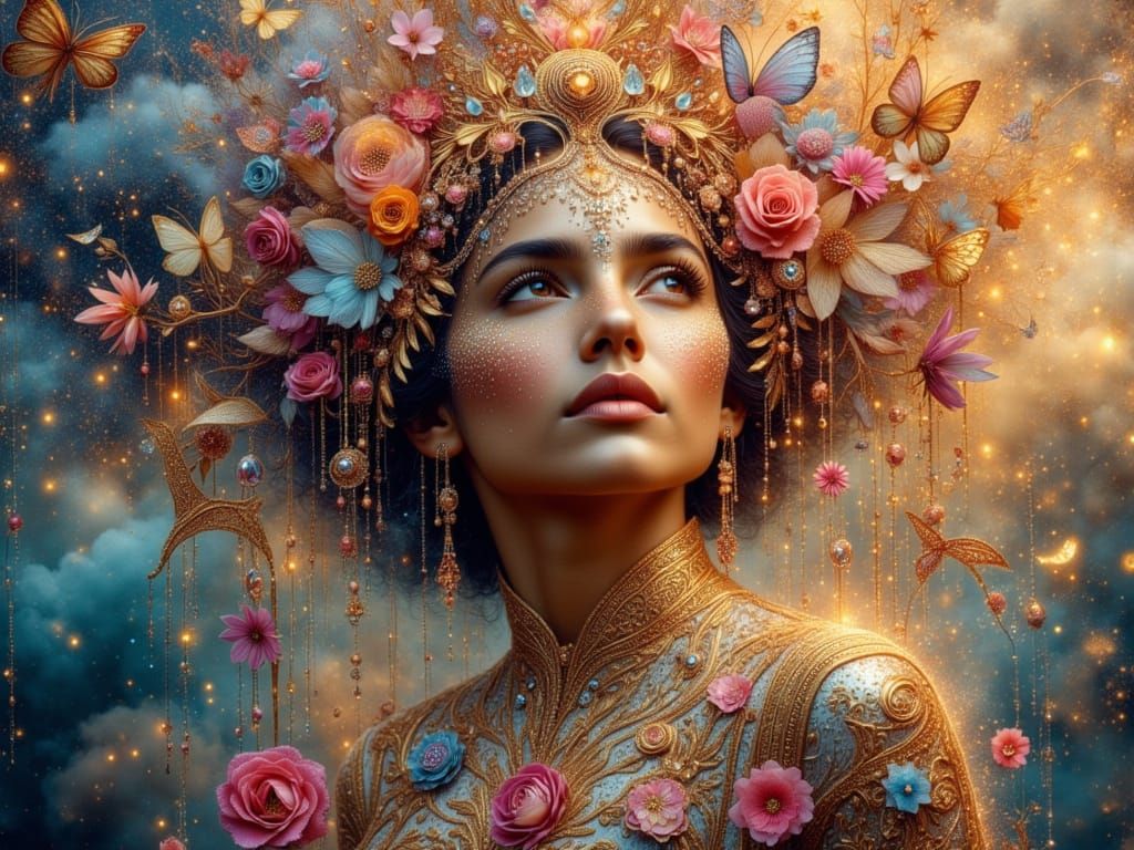 Ethereal Portrait in Cloud City with Flower Art