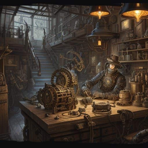 Steampunk Inventors in a Gilded Workshop