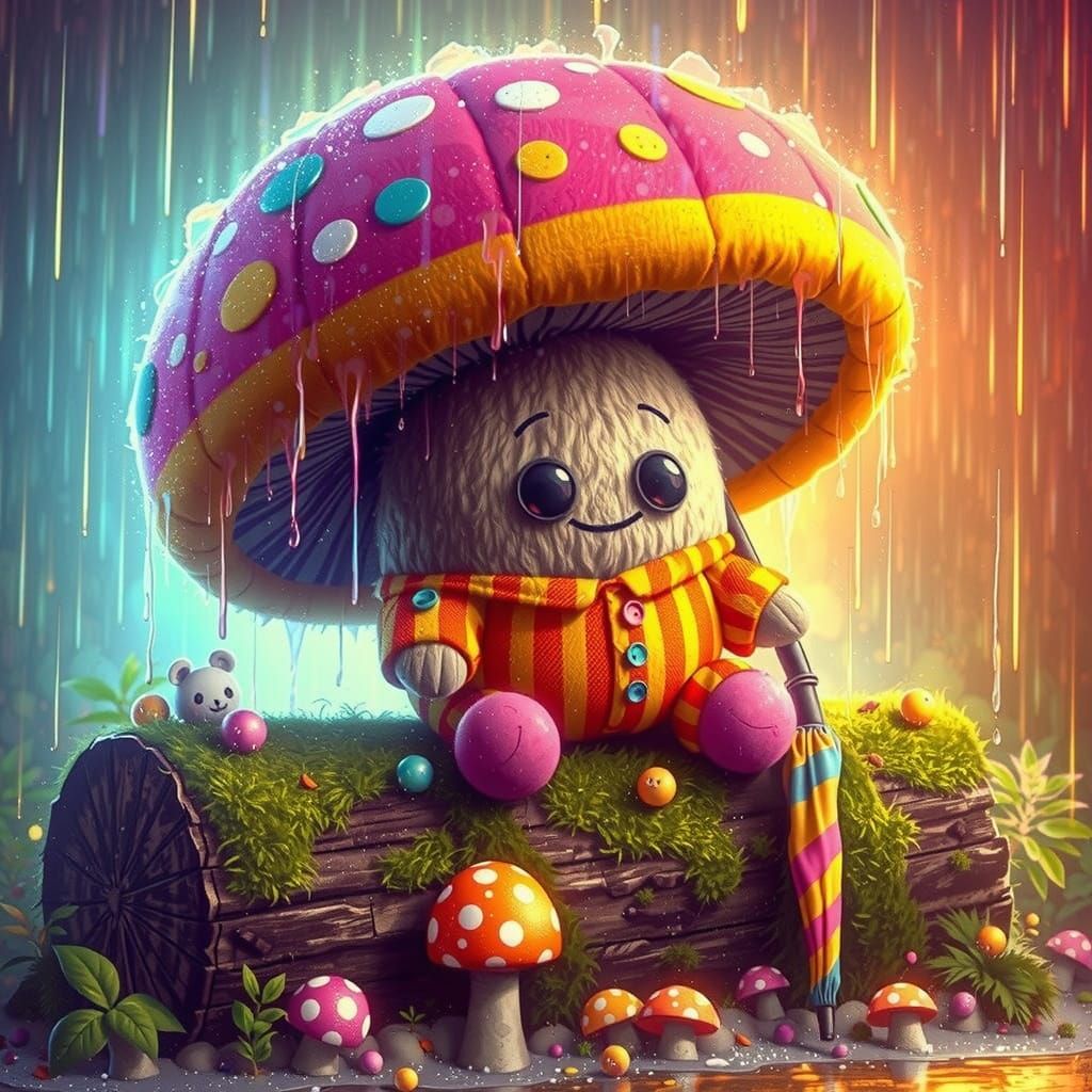 Mushroom Plush Toy in Grunge Post-Apocalyptic Scene