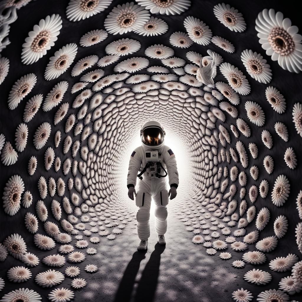 Warped Astronaut in Mesmerizing Flower Tunnel