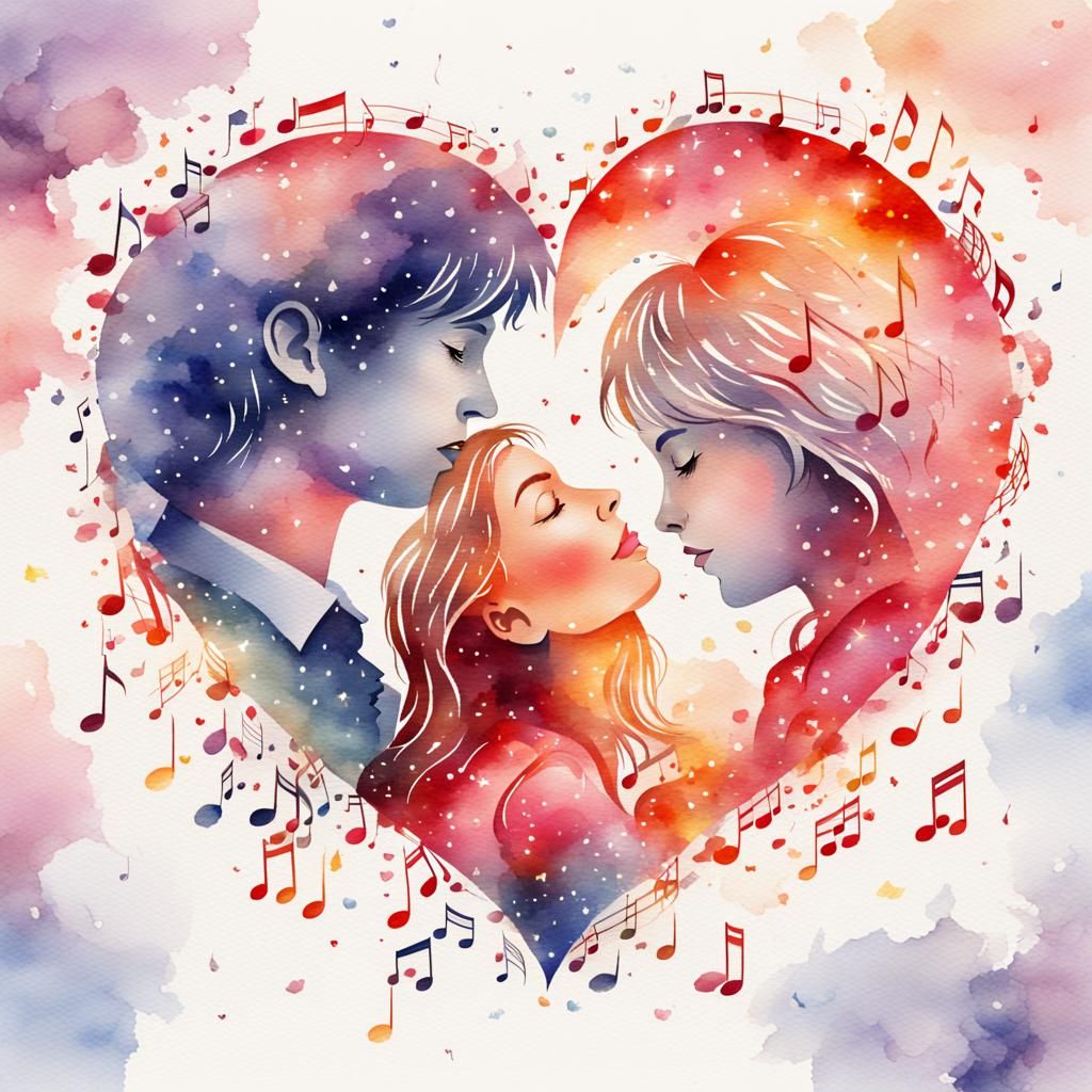 Magical Heart with Kissing Couple in Watercolor