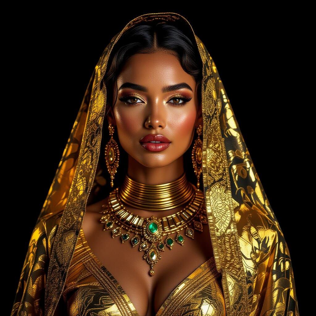 Caribbean Woman in Gold, Hyperrealistic Kintsugi Style