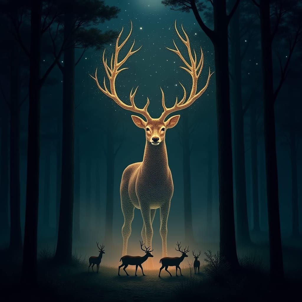 Mystical Forest Deer Under Celestial Constellations