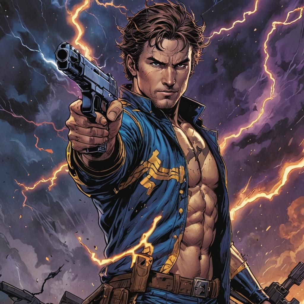 Dynamic Comic Book Art: Person with Gun and Fire