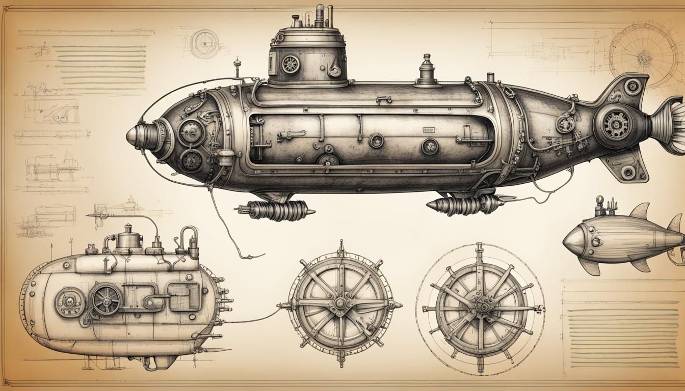 Steampunk Submarine Blueprint: Precisionist Ink Drawing