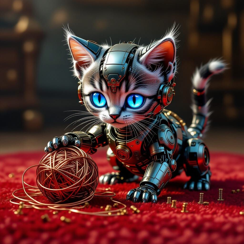 Cyborg Kitten Plays With Copper Wire Ball