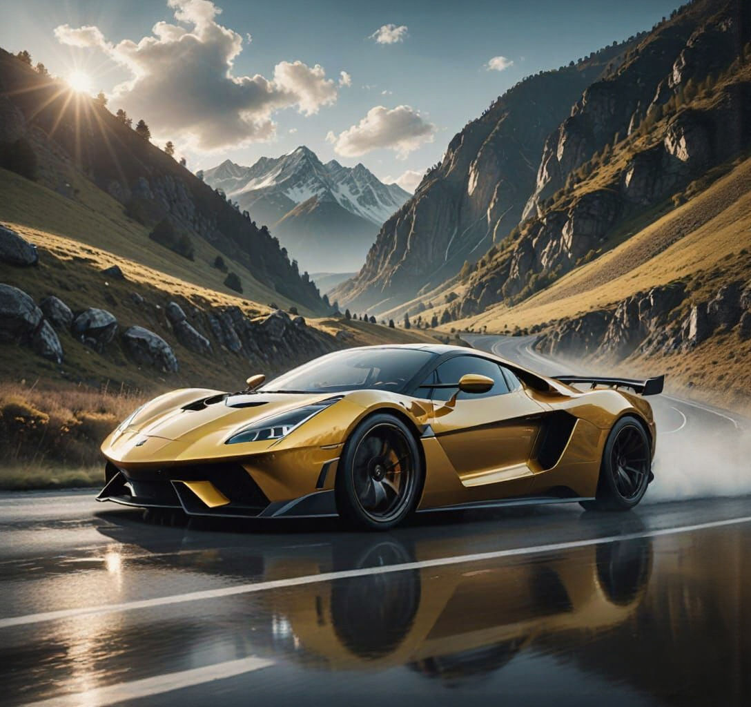 Metallic Yellow Supercar on Italian Mountain Road