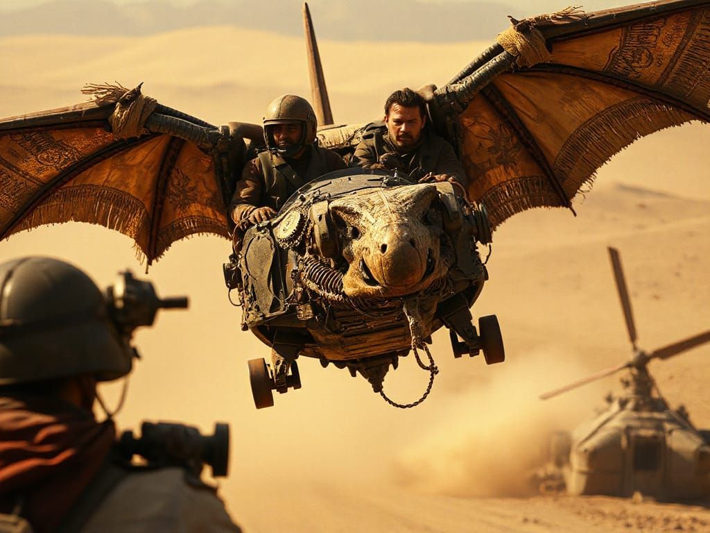 Pilots Steer Bat-Winged Contraption Over Desert Outpost