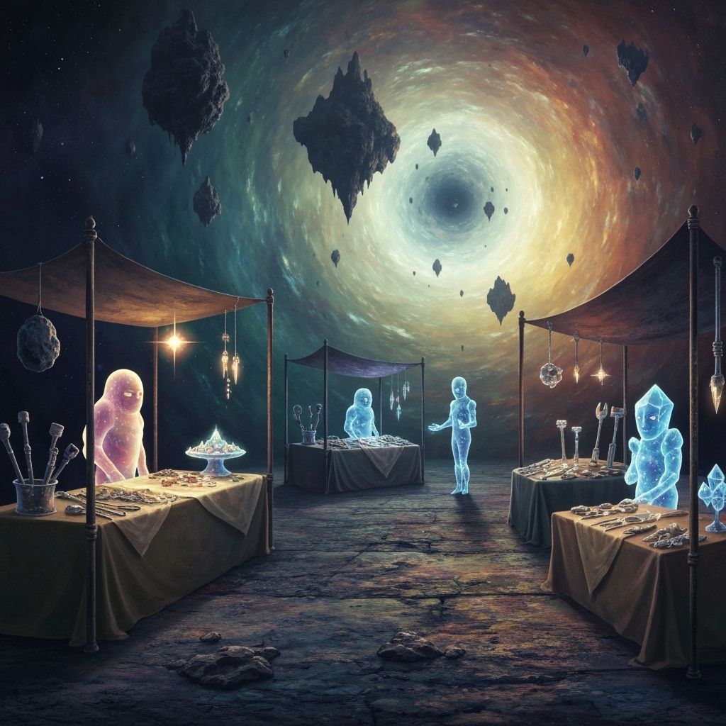 Nebula Bazaar with Energy Vendors, Sci-Fi Illustration